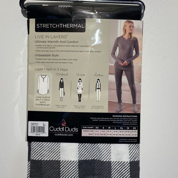 Cuddl Duds Women's Gray Check Stretch Thermal Long Sleeve V-Neck Top Small NWT - Picture 4 of 7